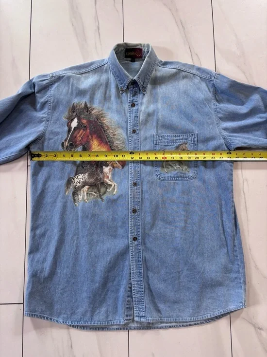 Vintage 100% Cotton Horse Graphic Denim Western Shirt - Oversized Boyfriend Fit - Picture 9 of 9